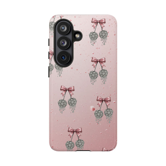 Pink Diamond Cherry Phone Case with Bow Accent