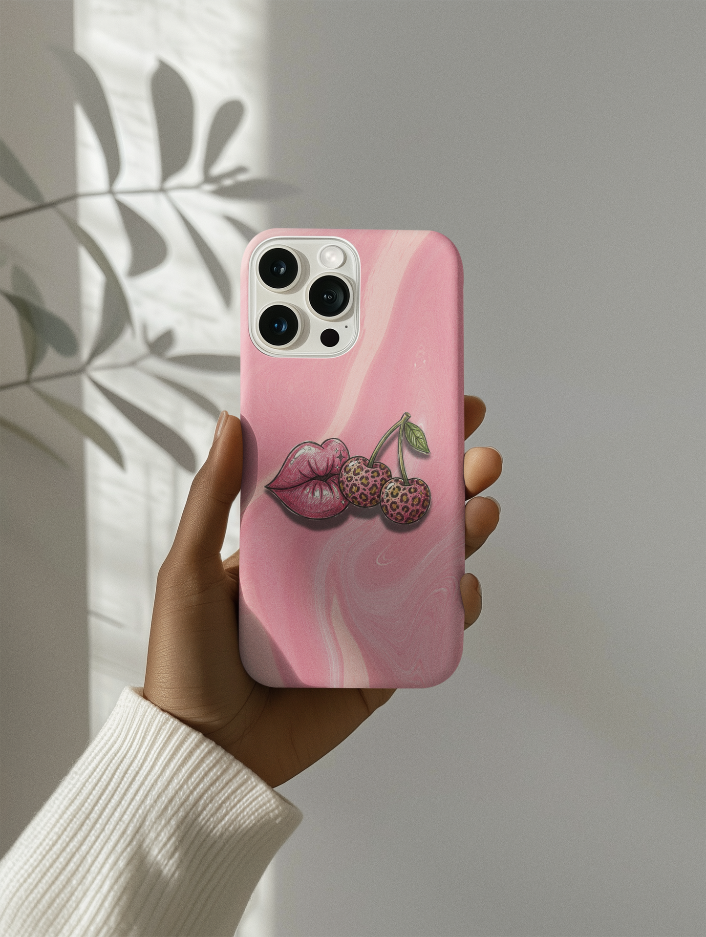Girly Marble Phone Case — Lips & Cherries Pattern
