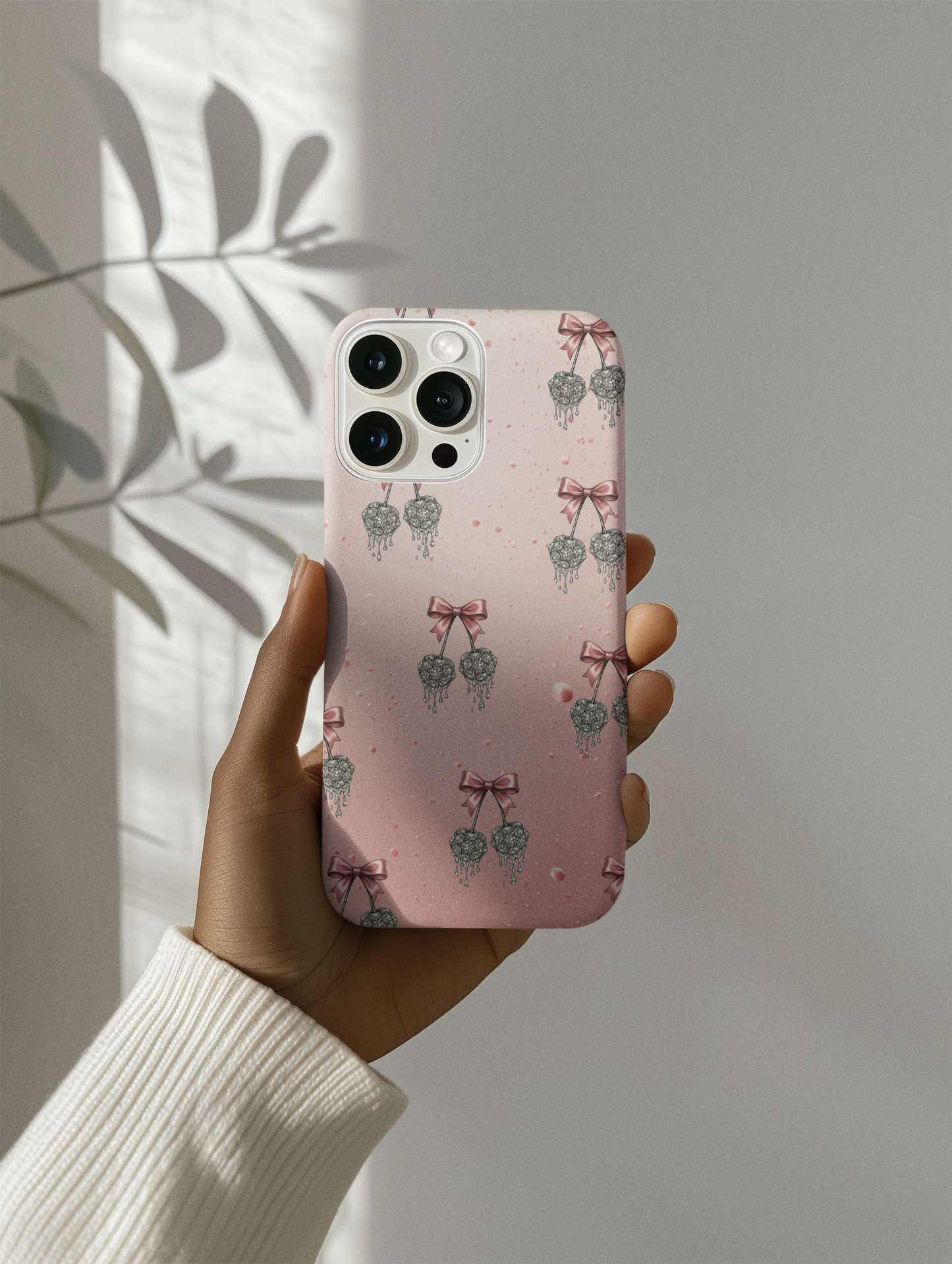 Pink Diamond Cherry Phone Case with Bow Accent