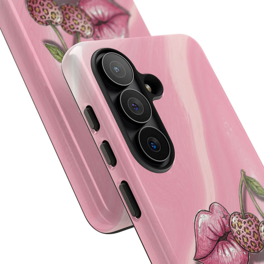 Girly Marble Phone Case — Lips & Cherries Pattern